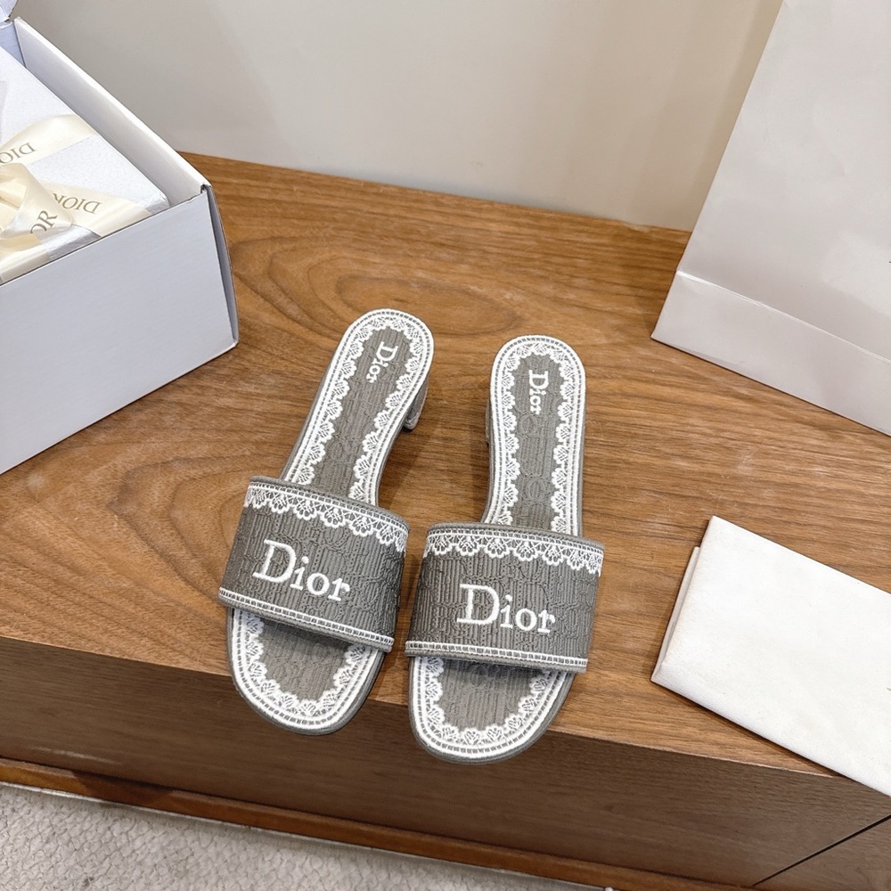 DIOR Dway Lace-Embroidered Heeled Mules Slides Grey - Picture 4 of 4